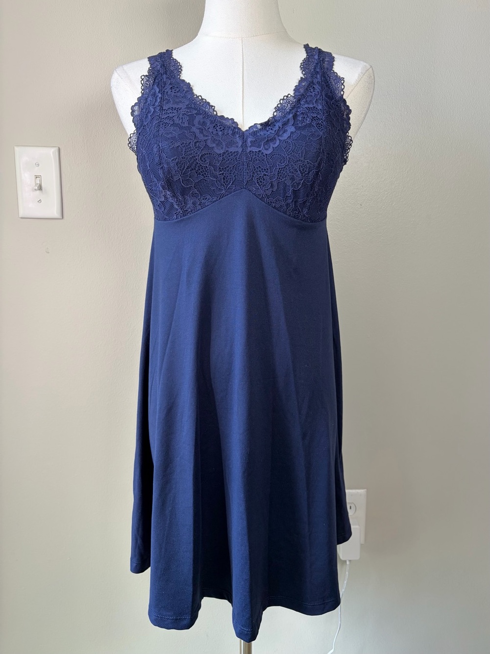 FN By Flora Nikrooz Blue Lace Soft Knit Chemise Slip Sleepwear Dress Flirty Cozy